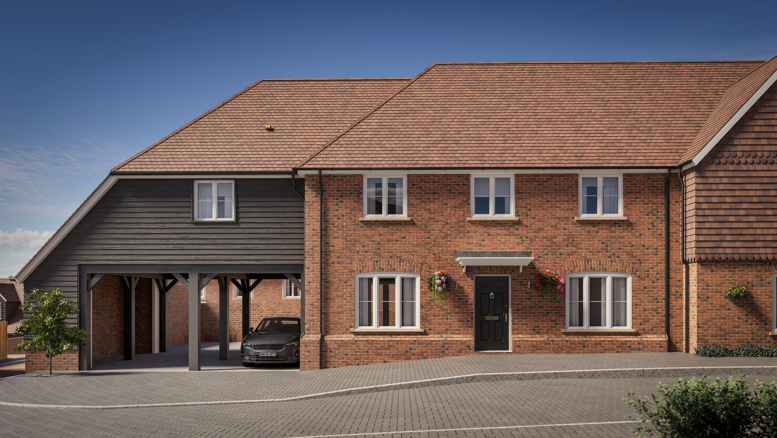 New brick house with a car parked under an attached double carport, under a blue sky