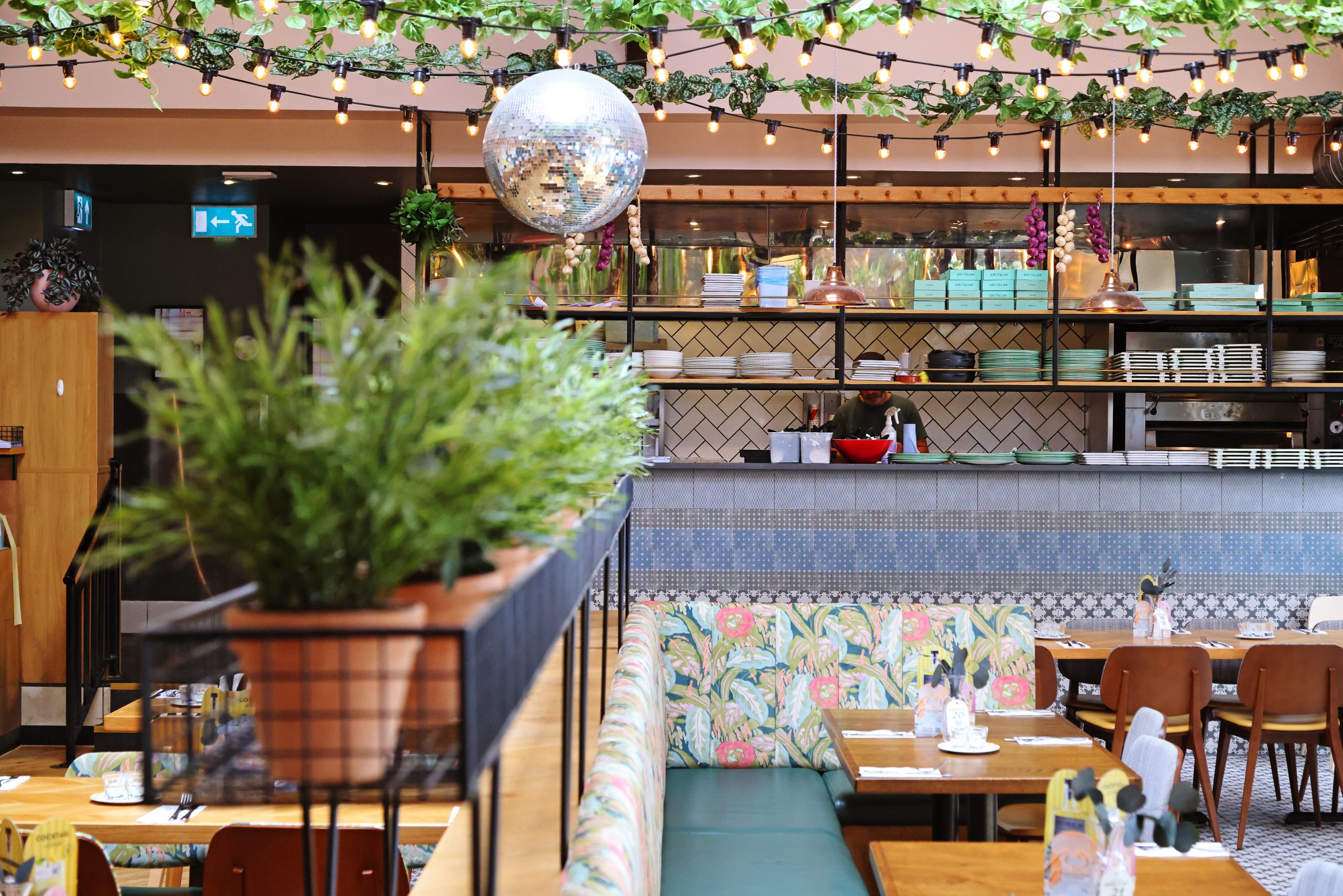 Inside of a café with hanging greenery and lights, a disco ball, and a person at the counter.